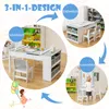 A collage showing a 3-in-1 children's activity table and easel set in different configurations and uses. Produktbild-Vorschau