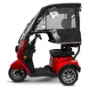 A red three-wheeled electric scooter with a black canopy and windshield, shown from the side against a white background. Produktbild-Vorschau