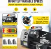 A collage of images and text highlighting the features of a mini metal lathe. Voir les images du produit