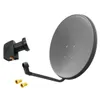 A satellite dish, LNB, and connectors are displayed against a white background. Produktbild-Vorschau