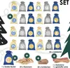 A collection of small fabric bags, some with numbers and designs, arranged in rows, with accompanying accessories like clothespins and twine. Produktbild-Vorschau
