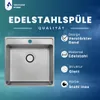 A marketing image for a stainless steel sink, showcasing its features with text overlays. Produktbild-Vorschau