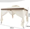 A beige and brown gazebo with sheer curtains, shown from a front-diagonal angle against a white background. Dimensions are indicated with text. Náhled obrázku produktu