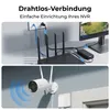 The top part of the image shows a network router connected to a power outlet and a monitor, illustrating wireless connectivity. The bottom part shows a security camera mounted on a wall with Wi-Fi signal waves emanating from it. Produktbild-Vorschau