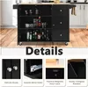 A kitchen cart with a wooden countertop and black cabinets, shown with various bottles and mugs inside. Below the main image are four close-up detail shots of the cart's features. Podgląd zdjęcia produktu