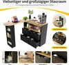 A kitchen island/bar with storage, featuring a laptop, coffee maker, and various kitchen items. Multiple inset images highlight specific features and storage options. Náhled obrázku produktu