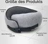 A gray neck pillow with black mesh and straps is shown with various measurements indicated by text and lines. Produktbild-Vorschau