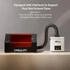 A laser engraver enclosure and a smoke purifier connected by a hose. Produktbild-Vorschau