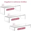 Three clear acrylic display shelves of different sizes are shown stacked vertically against a white background. Each shelf has a label indicating its dimensions and quantity. Produktbild-Vorschau