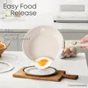 A frying pan is shown releasing an egg onto a plate, with text highlighting its non-stick properties. Produktbild-Vorschau
