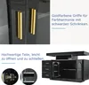 A split image showing a close-up of gold handles on a black cabinet and a marketing description, followed by a view of the interior of a black sideboard with drawers and a door, along with close-ups of hardware. Náhled obrázku produktu