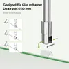 Diagrams showing how to use a metal rod to support glass of different thicknesses, with a close-up of the rod and a glass support piece. Produktbild-Vorschau
