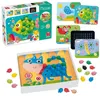 A collage of a toy mosaic set, showing the box and some of the components and designs. Podgląd zdjęcia produktu