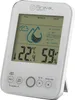 A white digital thermometer and hygrometer with a digital display showing temperature and humidity readings, as well as icons indicating air quality and comfort levels. Produktbild-Vorschau