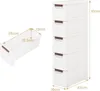 A white narrow cabinet with drawers and a separate white storage bin with dimensions shown. Podgląd zdjęcia produktu