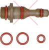 A tan valve stem with red o-rings, and three red o-rings of different sizes below it. Produktbild-Vorschau