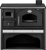 A black wood-burning stove with a glass-fronted oven door and a chimney. Produktbild-Vorschau