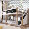 A children's bunk bed with a house-shaped frame and a chalkboard section, decorated with space-themed drawings. Produktbild-Vorschau