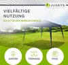 A blue pop-up tent is set up in a grassy yard, with icons representing garden, terrace, and pool use at the bottom. Podgląd zdjęcia produktu