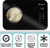 A black ice cream maker with a digital display and control panel, shown with a bowl of ice cream inside. Below the product are four marketing icons with text. Produktbild-Vorschau