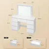 A white vanity table with a lighted mirror and drawers, with dimensions and drawer sizes shown. Produktbild-Vorschau