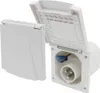 A white CEE outdoor socket with its cover open, showing the internal plug connection. Podgląd zdjęcia produktu