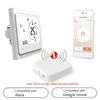 A smart thermostat, a Zigbee gateway, and a smartphone displaying a smart home app are shown together, with compatibility badges for Alexa and Google Home at the bottom. Produktbild-Vorschau
