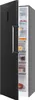 A black refrigerator with its door open, displaying food items inside. Produktbild-Vorschau