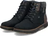 A pair of navy blue leather boots with brown accents and gray fabric trim at the ankle, shown against a white background. Voir les images du produit