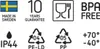 A collection of icons and text indicating product features and certifications. Produktbild-Vorschau