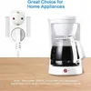 A white coffee maker and a white electrical adapter are shown on a wooden surface, with text overlays. Produktbild-Vorschau