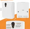 A collage of images showing a white thermostat from different angles, with measurements and labels. Voir les images du produit