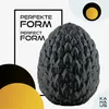 A dark, textured egg-shaped object resembling a dragon egg is displayed prominently. Text overlays and abstract shapes add a graphic design element. Produktbild-Vorschau