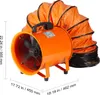 An orange industrial fan with an attached flexible duct is shown against a white background, with dimensions indicated by lines and text. Voir les images du produit