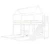 A white bunk bed with a house-shaped frame, a ladder, and a slide, set against a white background. Produktbild-Vorschau