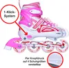 A pink and white inline skate with text overlays and close-up views of features. Produktbild-Vorschau