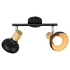 A black ceiling spotlight with two adjustable heads, featuring wood accents and a gold interior. Voir les images du produit