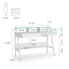 A diagram showing the dimensions of a white desk with shelves and a drawer. Anteprima dell’immagine prodotto