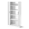 A white metal filing cabinet with roller shutter doors and shelves. Podgląd zdjęcia produktu