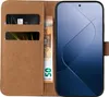A brown flip-case wallet for a smartphone, with a smartphone inserted and some euro banknotes and a credit card visible. Produktbild-Vorschau