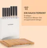 A knife block with knives and a cutting board, with marketing text and an icon. Produktbild-Vorschau