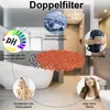 A collage of images and text illustrating the benefits of a double filter system, likely for a shower or water purification system, set against a bathroom backdrop. Produktbild-Vorschau