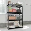 A black metal shelving unit filled with various items, including storage boxes, a vintage television, a plant, and bags of soil, in what appears to be a garage or storage area. Produktbild-Vorschau