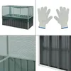 A collage of images showing a raised garden bed with a net cover, a pair of gardening gloves, a close-up of the net, and a close-up of the side of the raised garden bed. Produktbild-Vorschau