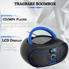 A black and blue boombox with text overlays describing its features. Voir les images du produit