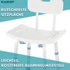 A close-up view of a white shower chair with a backrest, set against a white and teal background with text overlays. Podgląd zdjęcia produktu