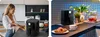 A split image showing a woman preparing food next to an air fryer on the left, and the air fryer with a croissant and coffee on a kitchen counter on the right. Anteprima dell’immagine prodotto