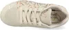 A top-down view of a beige sneaker with metallic gold, silver, and rose gold abstract line art. Voir les images du produit