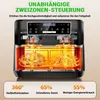 A dual-chamber air fryer with food cooking inside, featuring promotional text and feature callouts. Produktbild-Vorschau
