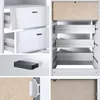 A collage of images showing different parts and details of a white dresser with black accents, including drawers, drawer slides, and a handle. Produktbild-Vorschau